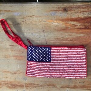 Stars & Stripes Glass Seed Bead Artisan Made American Flag Wristlet Clutch Purse